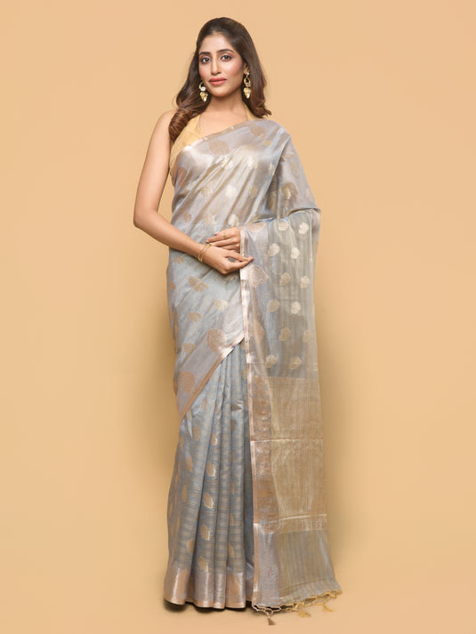 Women's Grey Zari Woven Tussar Silk Saree