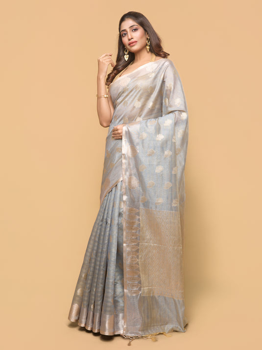 Women's Grey Zari Woven Tussar Silk Saree