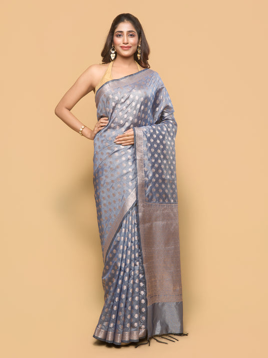 Grey Zari Woven Tussar Silk Saree