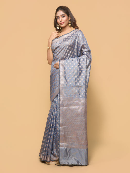 Grey Zari Woven Tussar Silk Saree