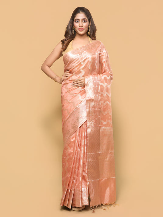 Women's Peach Zari Woven Tussar Silk Saree