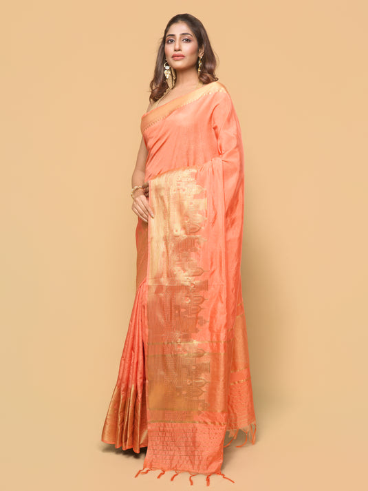 Women's Peach Woven Dupion Silk Saree With Unstitched Blouse Piece