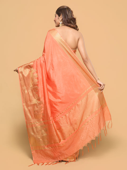 Women's Peach Woven Dupion Silk Saree With Unstitched Blouse Piece