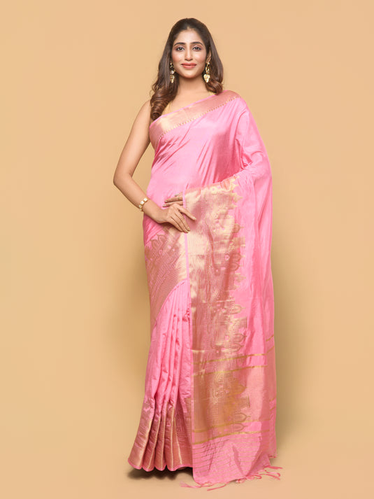 Women's Pink Woven Dupion Silk Saree With Unstitched Blouse Piece