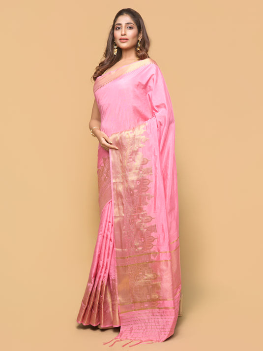 Women's Pink Woven Dupion Silk Saree With Unstitched Blouse Piece