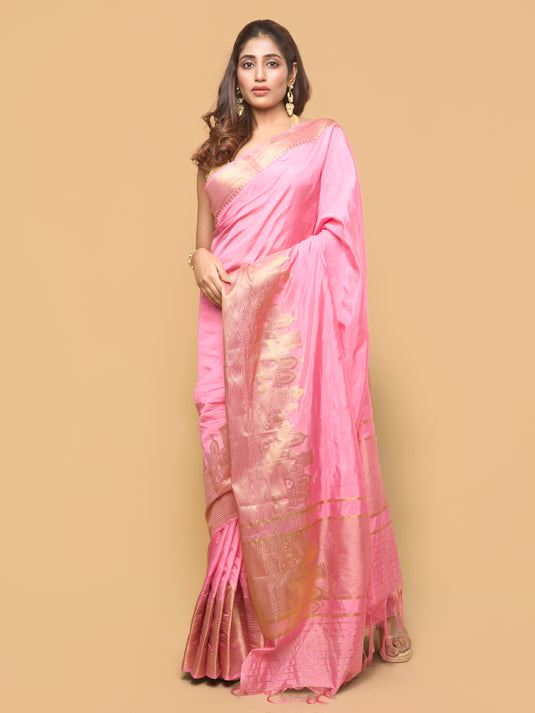 Women's Pink Woven Dupion Silk Saree With Unstitched Blouse Piece