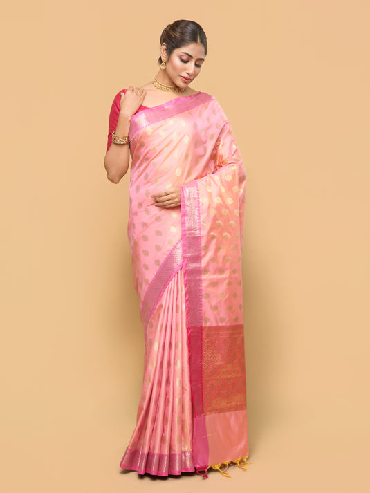 Dual Tone Peach Pink Zari Woven Banarasi Silk Saree
