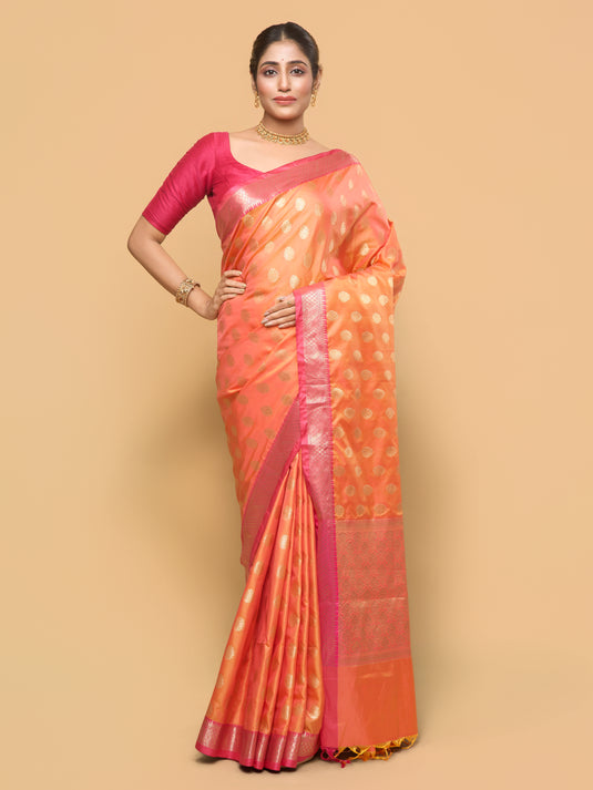 Dual Tone Orange Pink Zari Woven Banarasi Silk Saree