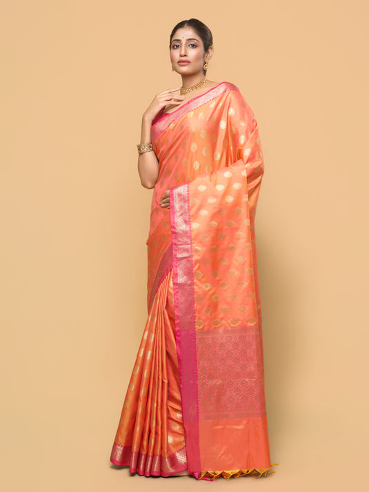 Dual Tone Orange Pink Zari Woven Banarasi Silk Saree