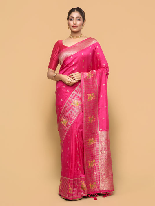 Women's Pink Zari Woven Banarasi Silk Saree