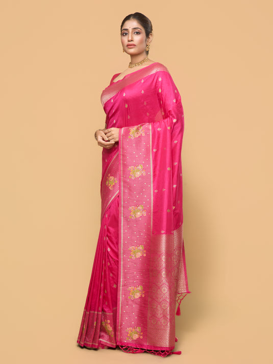 Women's Pink Zari Woven Banarasi Silk Saree