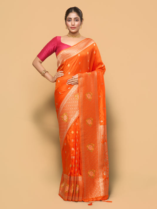 Women's Orange Zari Woven Banarasi Silk Saree