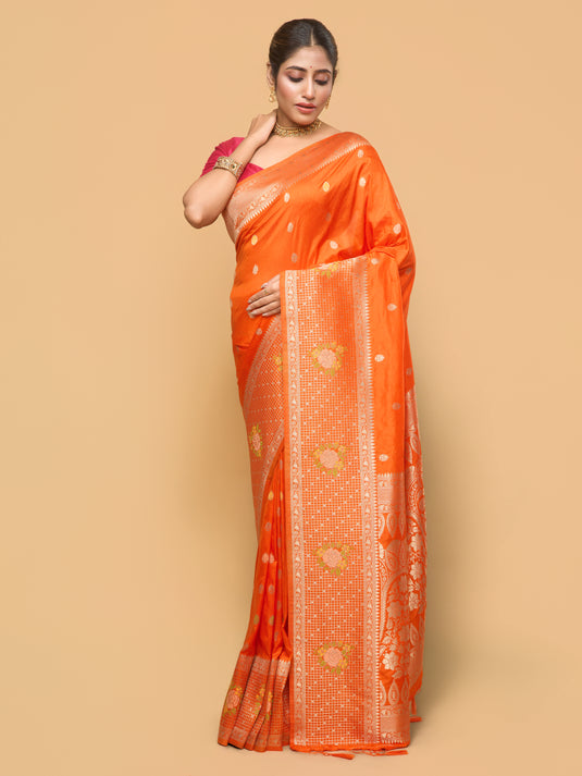Women's Orange Zari Woven Banarasi Silk Saree