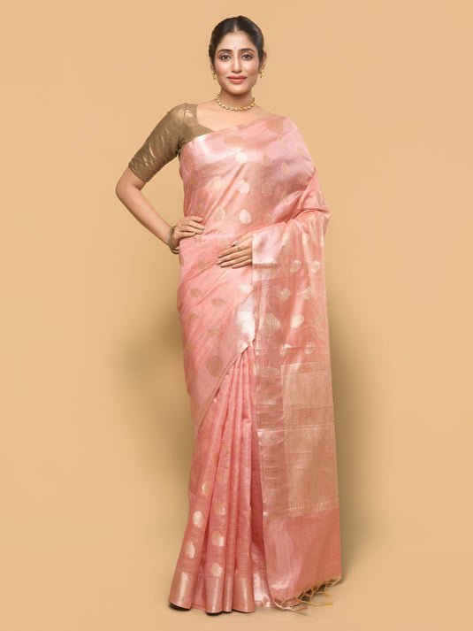 Women's Peach Zari Woven Tussar Silk Saree