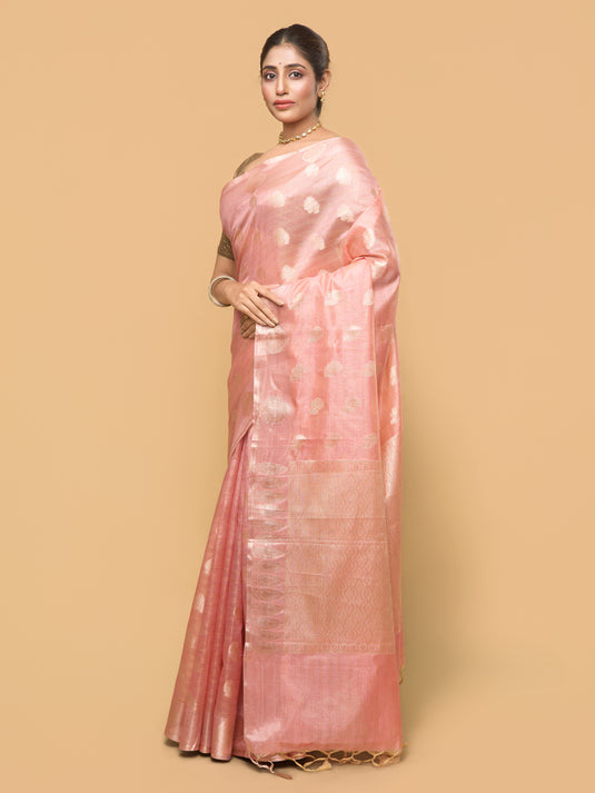 Women's Peach Zari Woven Tussar Silk Saree