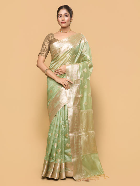 Women's Green Zari Woven Tussar Silk Saree