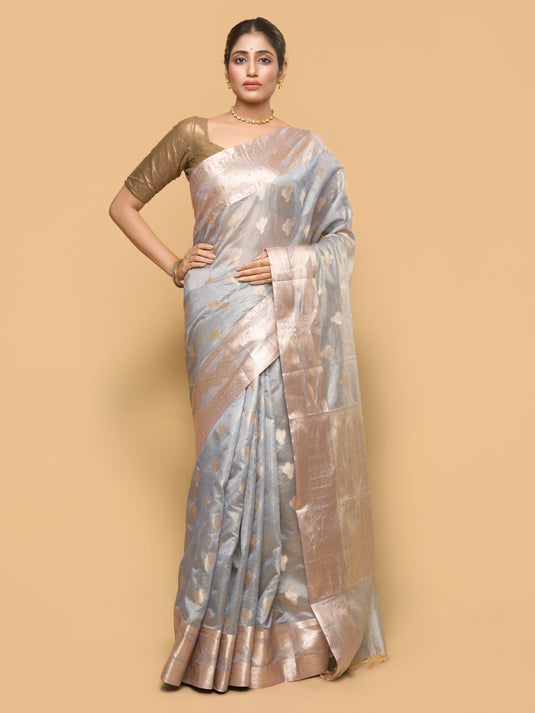 Women's Grey Zari Woven Tussar Silk Saree