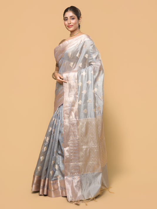 Women's Grey Zari Woven Tussar Silk Saree