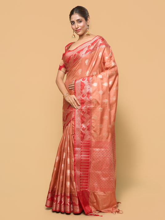 Peach Zari Woven Banarasi silk saree