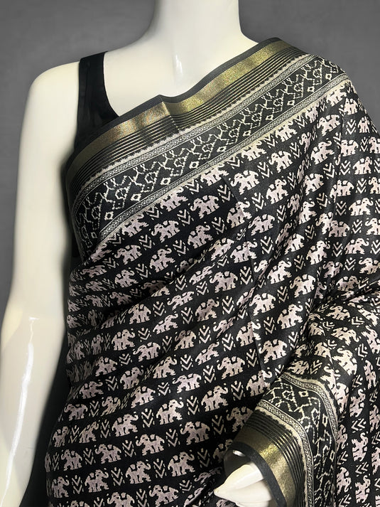 Black Tussar Printed Saree