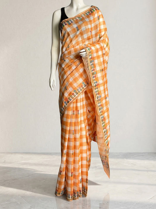 Yellow Checks Cotton Printed Saree