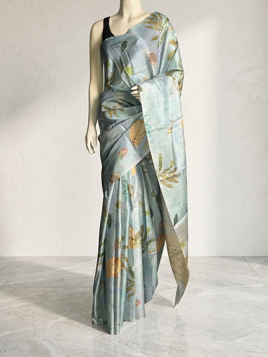 Blue Tussar Printed Saree