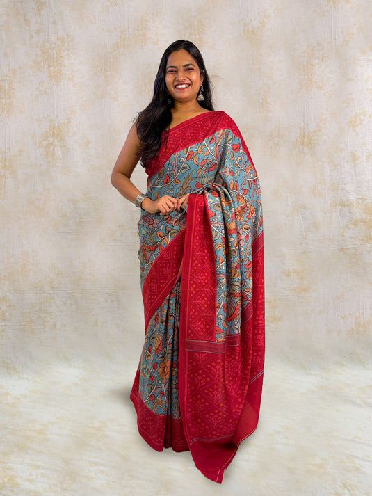 Blue Tussar Silk Kalamkari Printed Saree