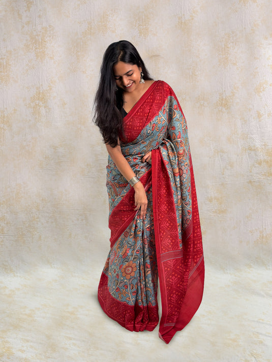 Blue Tussar Silk Kalamkari Printed Saree