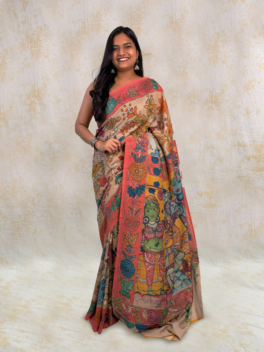 Beige Tussar Silk Kalamkari Printed Saree