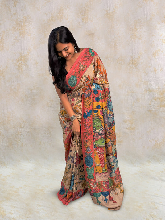 Beige Tussar Silk Kalamkari Printed Saree