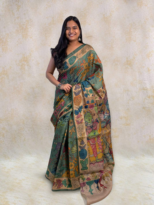 Green Tussar Silk Kalamkari Printed Saree