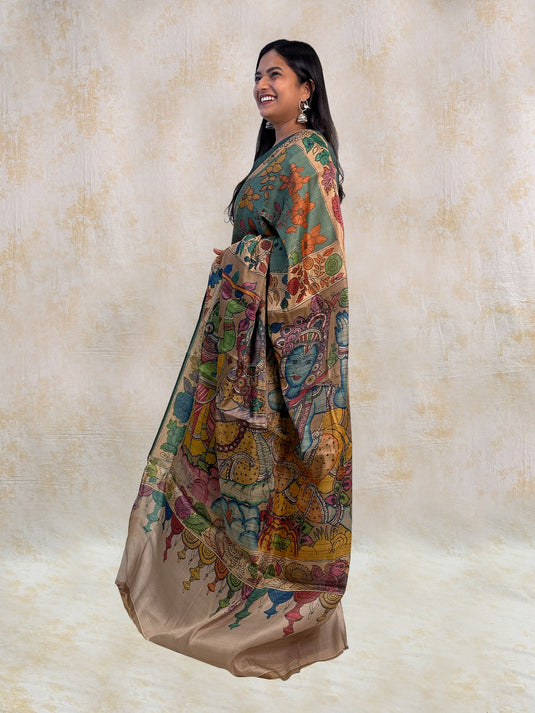 Green Tussar Silk Kalamkari Printed Saree