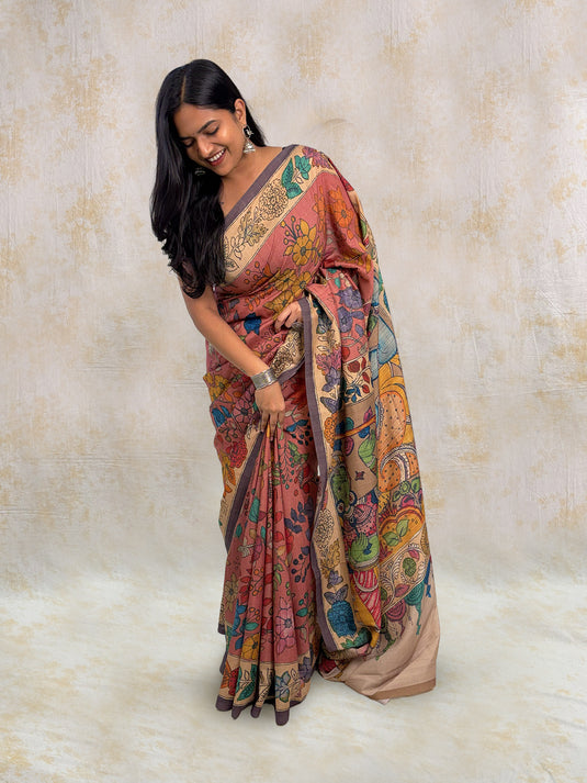Pink Tussar Silk Kalamkari Printed Saree