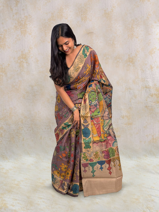 Purple Tussar Silk Kalamkari Printed Saree