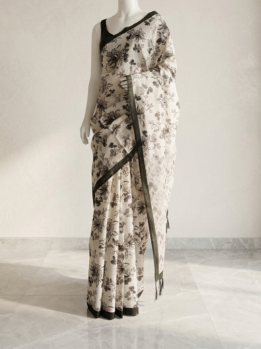Beige Linen Printed Saree