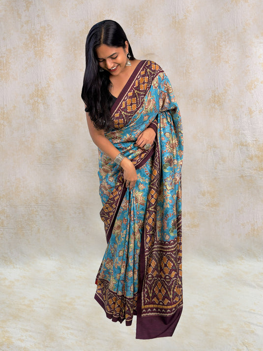 Blue Tussar Silk Kalamkari Printed Saree