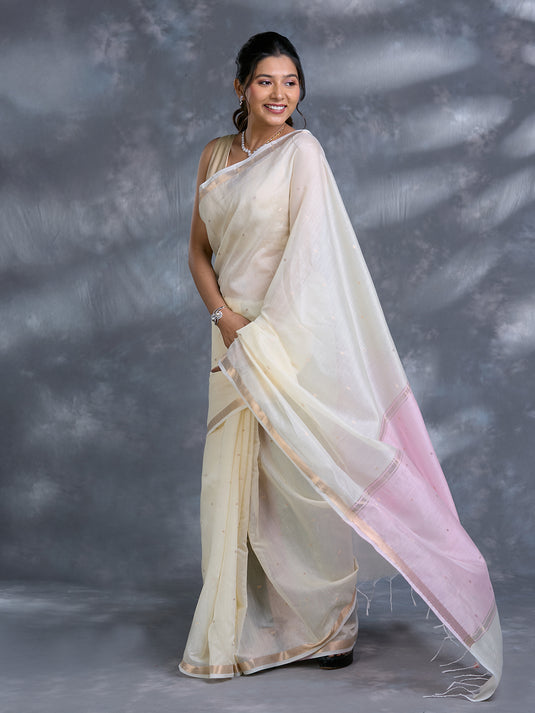Cream Chanderi Mulmul Zari Woven Saree