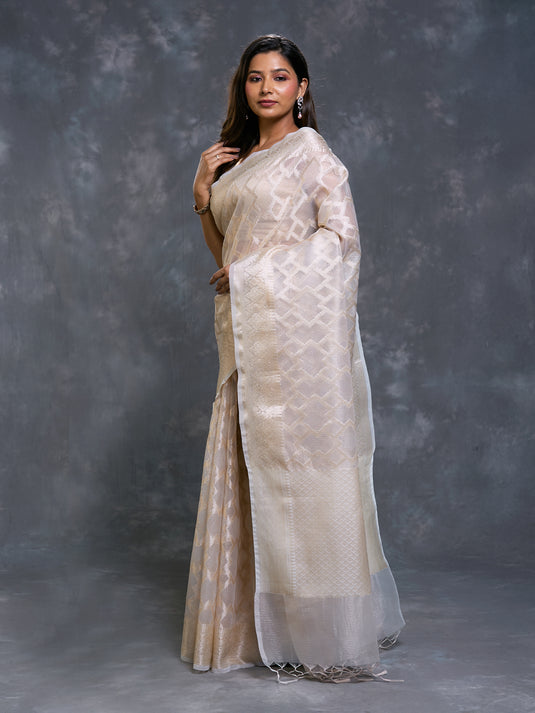 Beige Kota Tissue Zari Woven Saree
