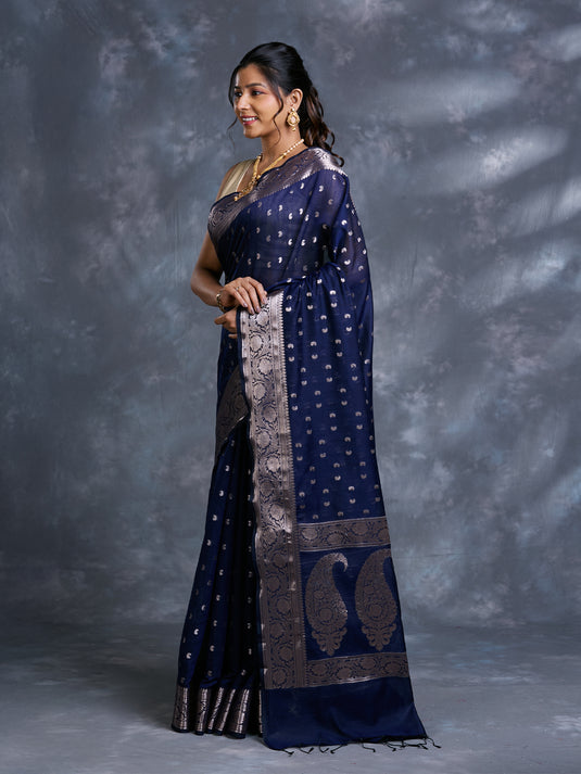 Blue Mulmul Cotton Zari Woven Saree