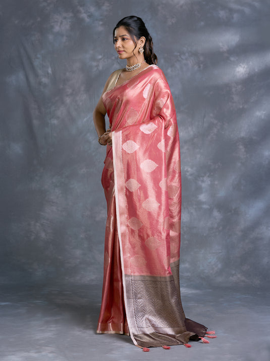 Peach Tissue Zari Woven Saree