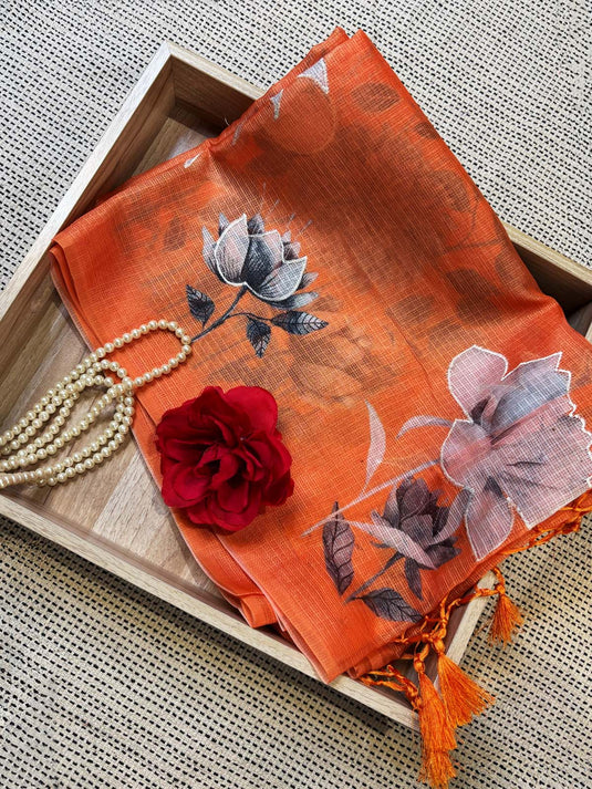 Orange Kota Silk Printed Saree