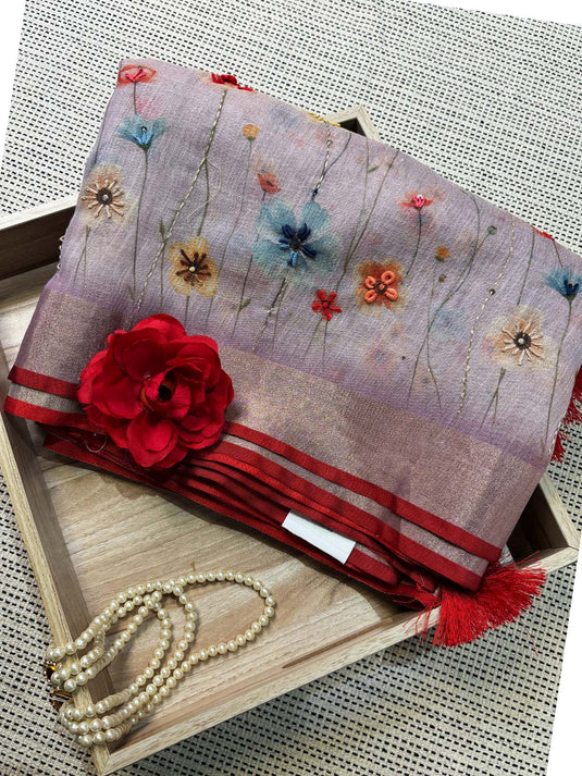 Lavender Linen Printed Saree