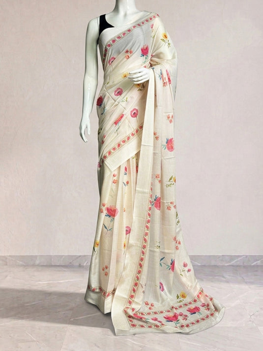 Beige Crepe Geogette Printed Saree