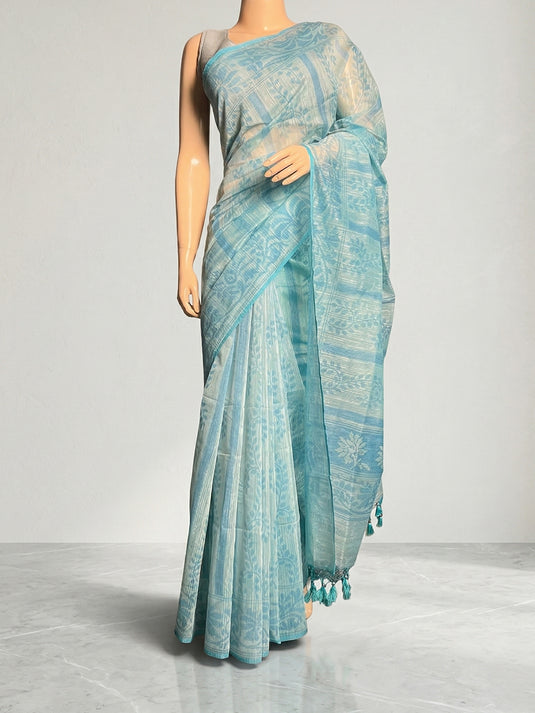Blue Cotton Printed Saree