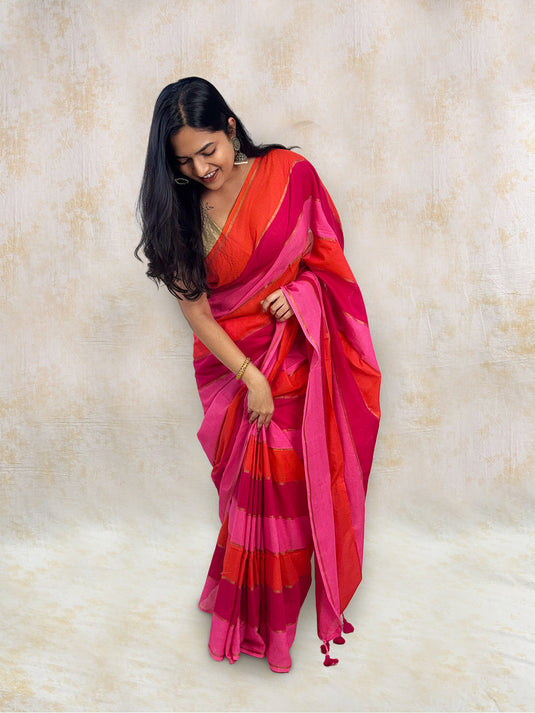 Pink Cotton Zari Woven Saree