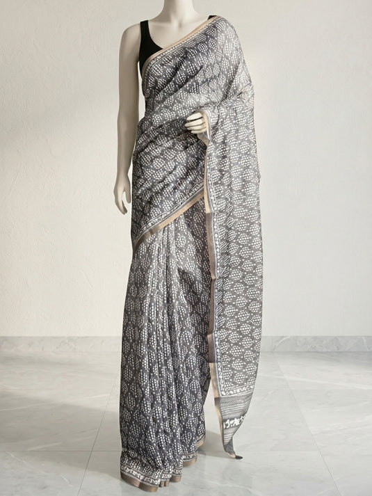 Grey Cotton Printed Saree