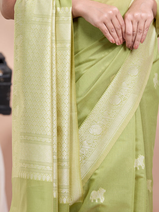 Green Resham Weave Banarasi Cotton Saree