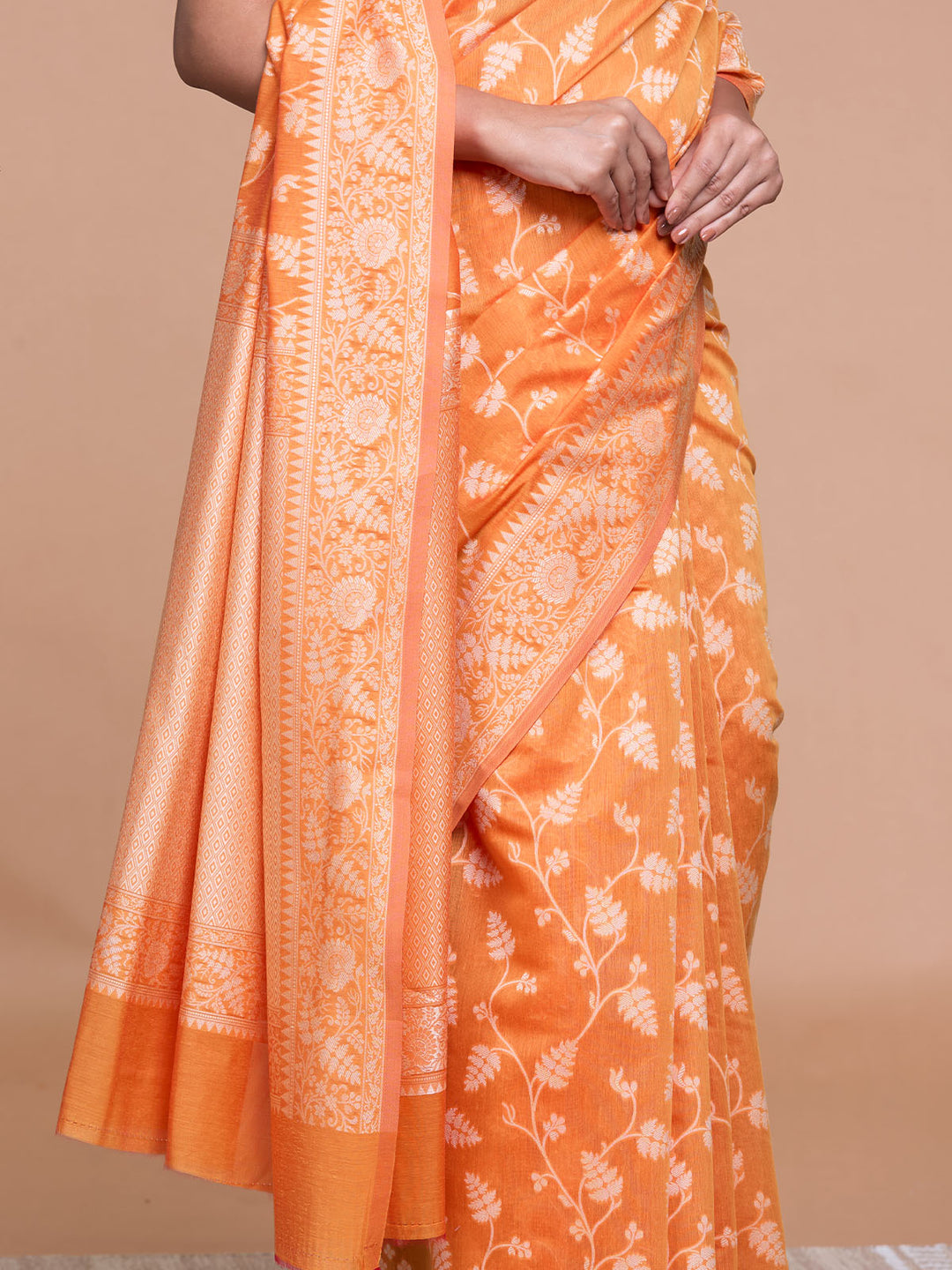 Orange Resham Weave Mulmul Cotton Saree_5