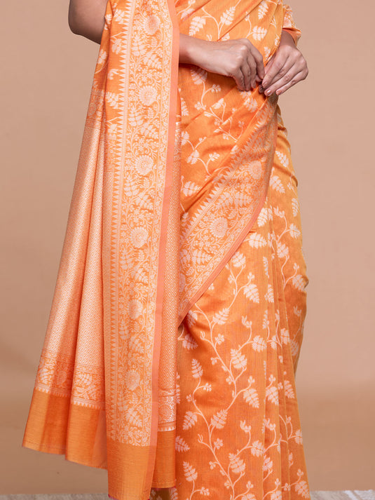 Orange Resham Weave Mulmul Cotton Saree