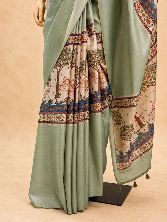 Green Tussar Printed Saree
